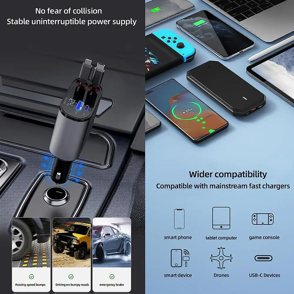 Retractable Car Charger USB Type C Cable